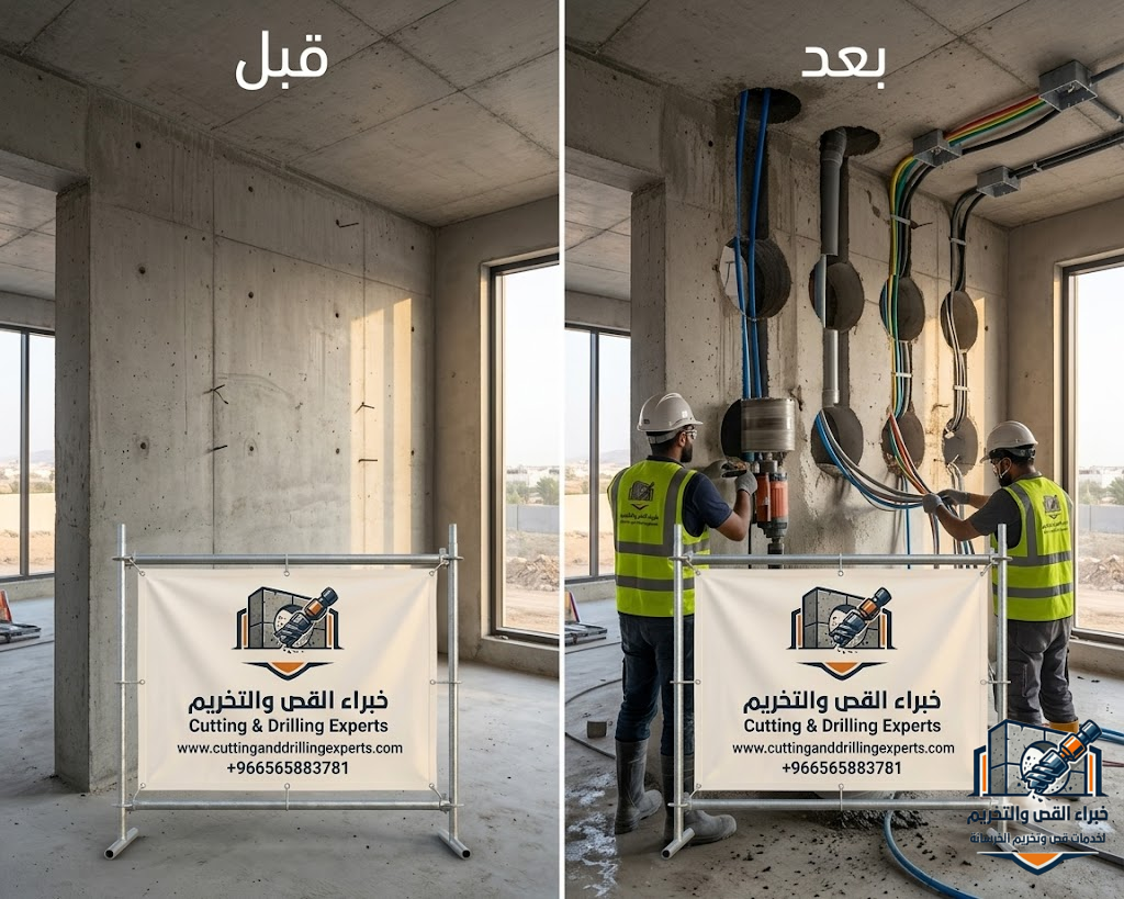 تخريم خرسانة للمواسير والكهرباء بالطائف باستخدام أجهزة الكور الماسي لتنفيذ فتحات السباكة والكهرباء والتمديدات بدقة عالية وبدون تكسير